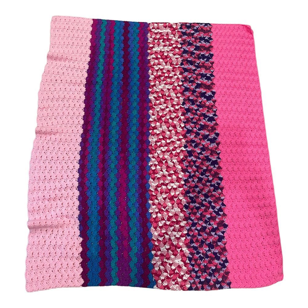 Handmade Baby Blanket 47x38 Inch Crochet Crib Afghan Geometric Multicolor Stripe